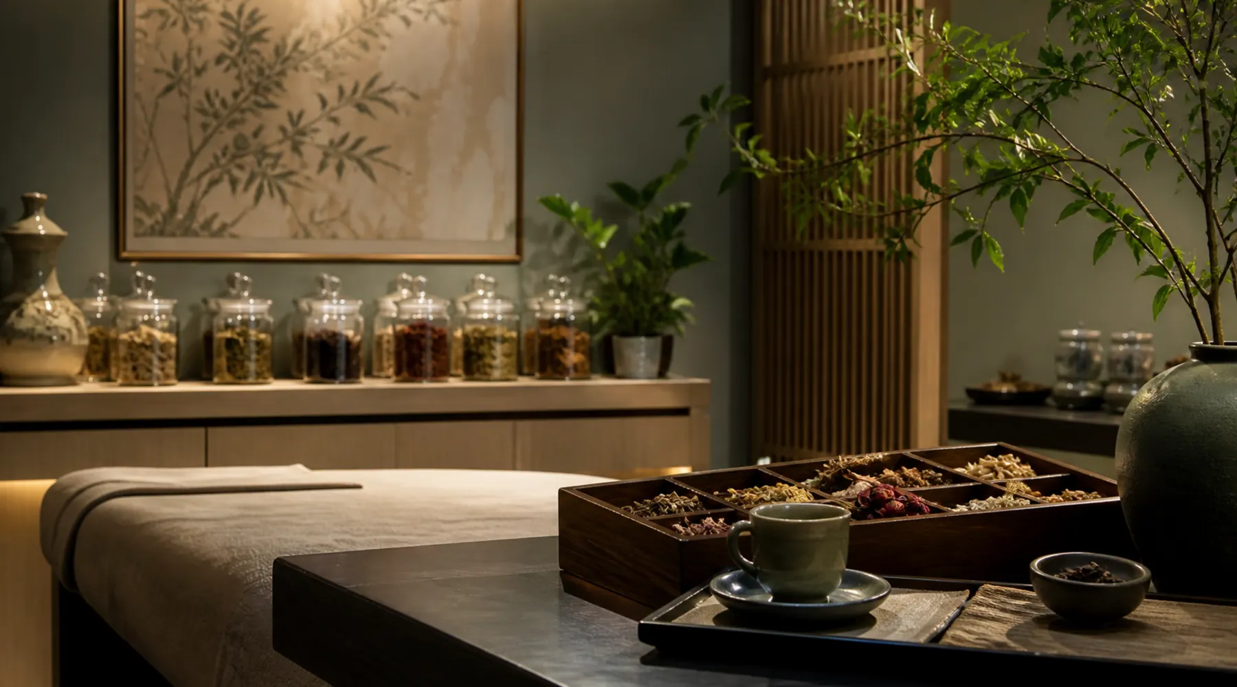 Chinese medicine wellness setting with herbs in Chevy Chase, Maryland