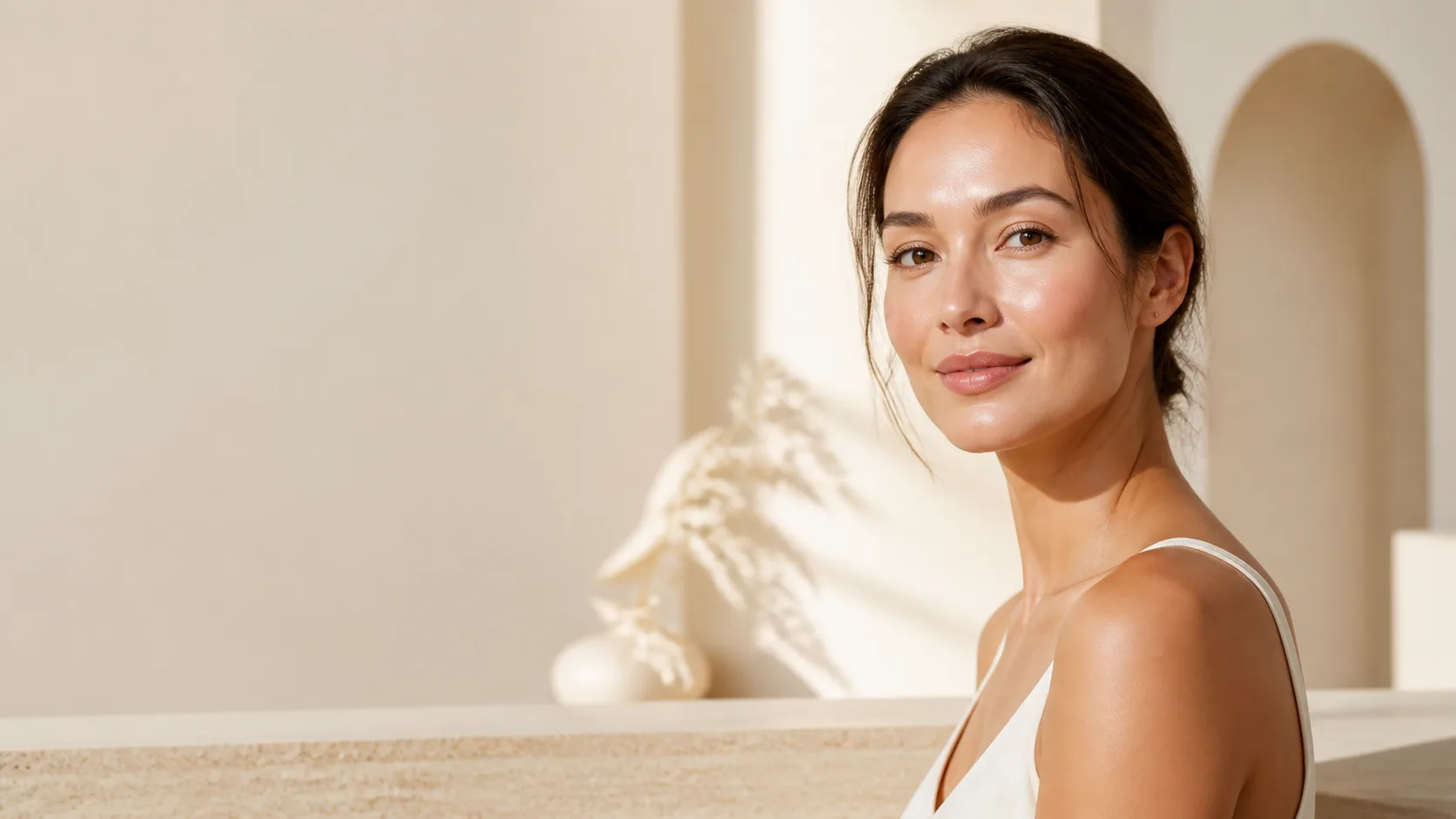 Calm, natural portrait in a softly lit medical spa studio