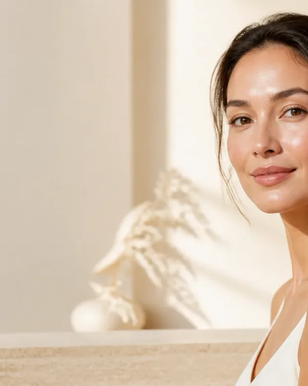 Calm, natural portrait in a softly lit medical spa studio